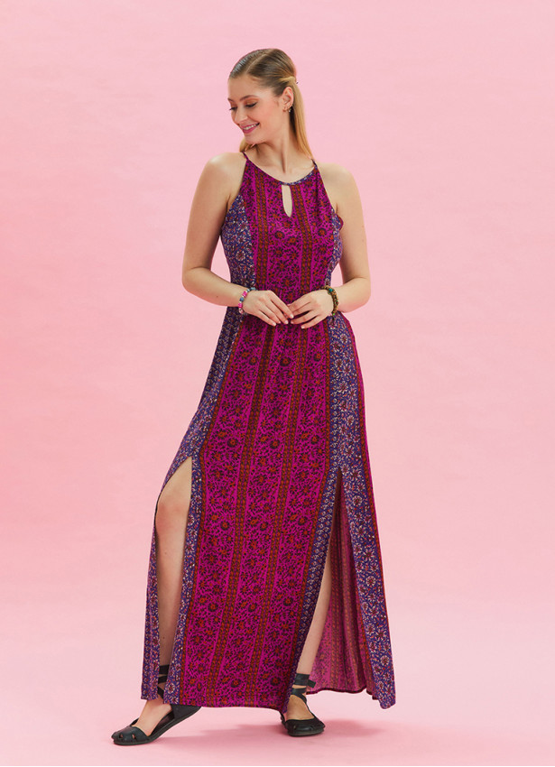 Halter Neck Slit Detailed Purple Long Dress 4610